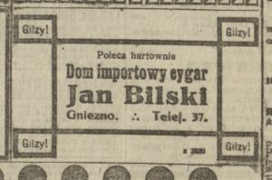 Reklama "Domu importowego cygar" Jana Bilskiego z 1920 roku, opublikowana w Kurierze Poznańskim